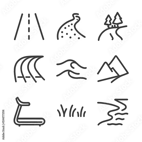 Terrain Icons Grid. Outline icon set of terrains and surfaces: asphalt road, gravel path, forest trail, track lane, sand dune,