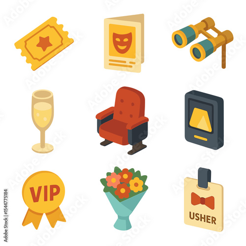 Theater Icon Collection. Isometric Flat icon set of audience and seating: ticket stub, playbill, opera glasses, champagne flute,