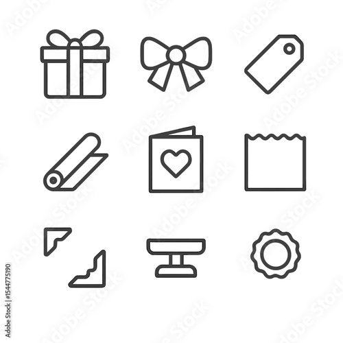 Gift Icon Set. Outline icon set of gift framing elements: gift box, ribbon bow, gift tag, wrapping paper, greeting card, tissue