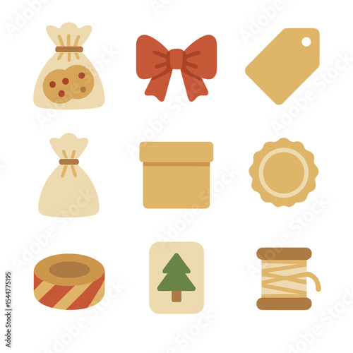 Gift Packaging Icons. Flat icon set of gift packaging treats: cookie bag, ribbon bow, gift tag, cellophane wrap, kraft box,