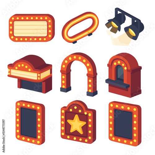 Theater Icon Set. Isometric Flat icon set of Theater Marquee and Entrance Lights: flashing marquee sign, neon bulbs, spotlight