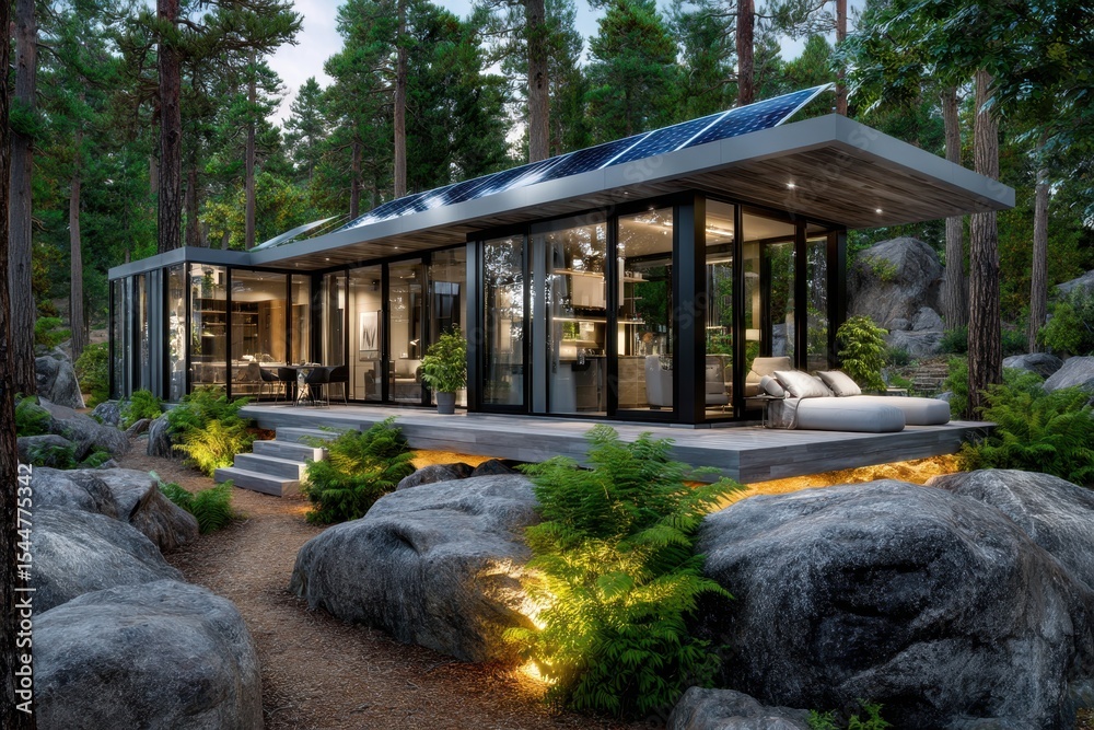 Obraz premium Modern eco-friendly house surrounded by nature in a serene forest setting