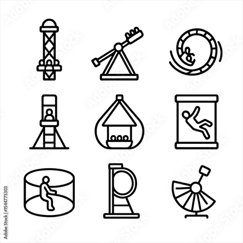 Thrill Ride Icons. Outline icon set of thrill rides: drop tower, pendulum arm, spin coaster, freefall capsule, giant swing, sky