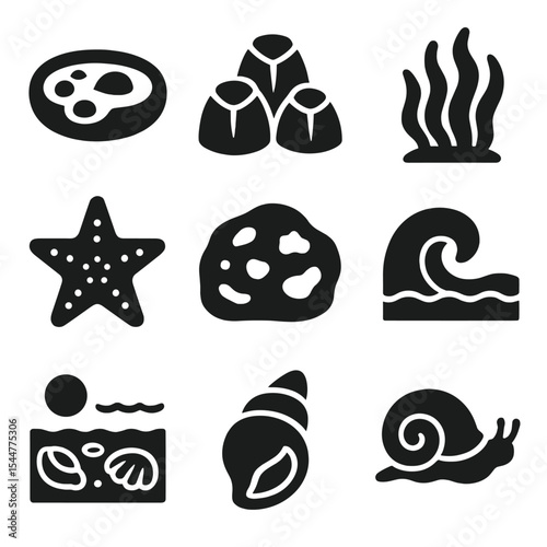 Marine Icons Grid. Solid, filled icons set of intertidal zones: tidal pools, barnacle, seaweed, starfish, rock