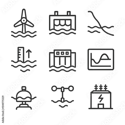 Tidal Energy Icons Set. Outline icon set of tidal energy: tidal turbine, tidal barrage, coastline, water level gauge, sluice gate,