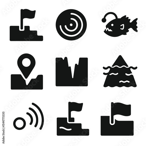 Marine Zone Icons. Solid, filled icons set of unexplored marine zones: bathypelagic zone, hadal zone icon,
