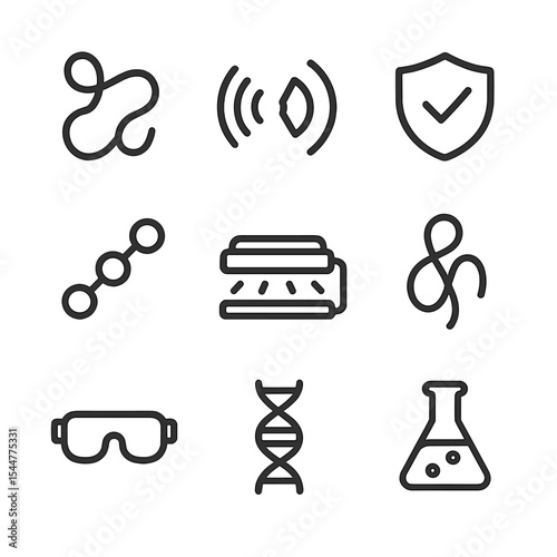 Radiation-Resistant Protein Icons. Outline icon set of radiation-resistant proteins design: protein structure, radiation wave,