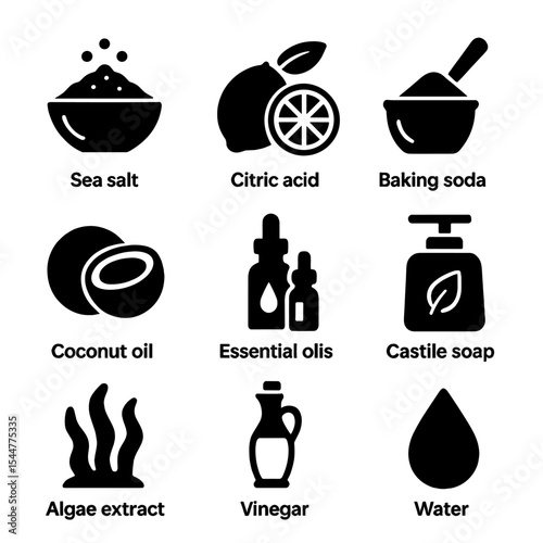 Marine-Safe Ingredients Icons. Solid, filled icons set of marine-safe ingredients: sea salt, citric acid,