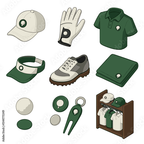 Golf Shop Essentials. Isometric Flat icon set of golf pro shop essentials: logo cap, leather glove, polo shirt, visor hat, golf