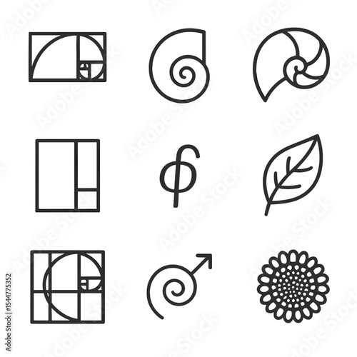 Golden Ratio Icons. Outline icon set of golden ratio composition: spiral overlay, Fibonacci spiral, nautilus shell, golden