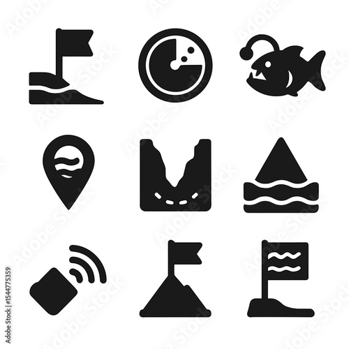 Marine Zone Icons. Solid, filled icons set of unexplored marine zones: bathypelagic zone, hadal zone icon,