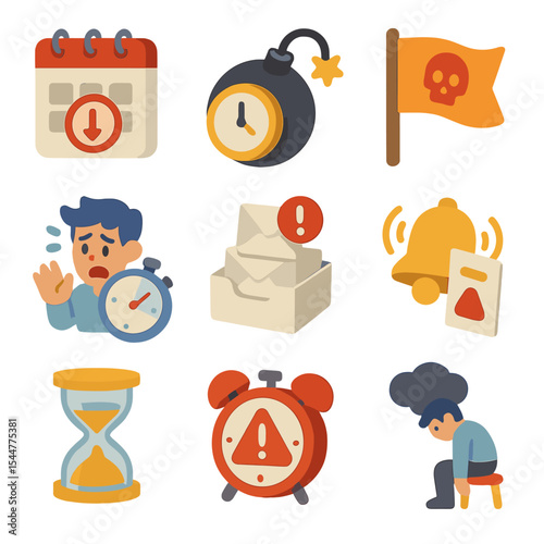 Time Management Icons. Isometric Flat icon set of time management stress: overdue calendar, ticking time bomb, deadline flag,