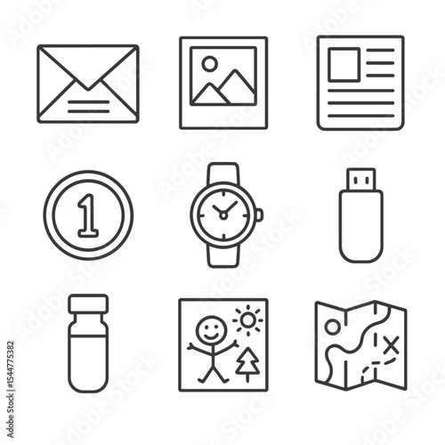 Time Capsule Icons. Outline icon set of time capsule contents: letter, photograph, newspaper, coin, watch, USB drive, sample vial,