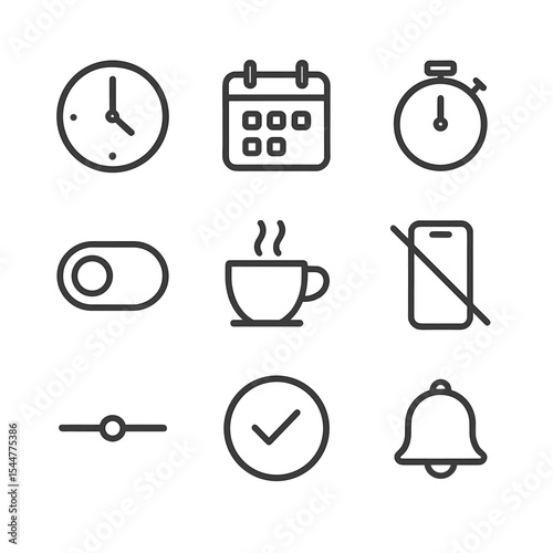 Time Management Icons. Outline icon set of time management boundaries: clock face, calendar block, timer countdown, work hours