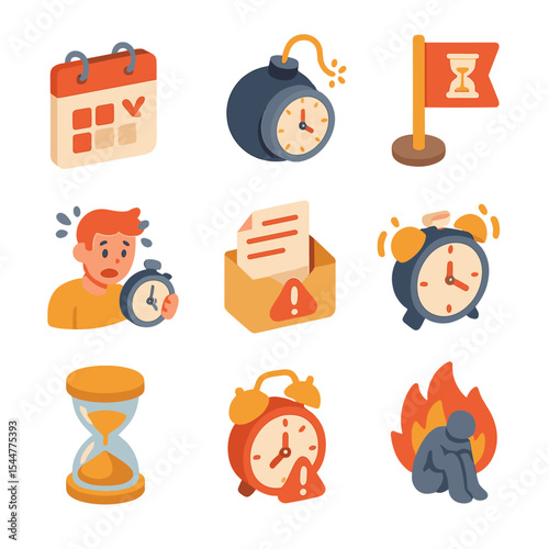 Time Management Icons. Isometric Flat icon set of time management stress: overdue calendar, ticking time bomb, deadline flag,