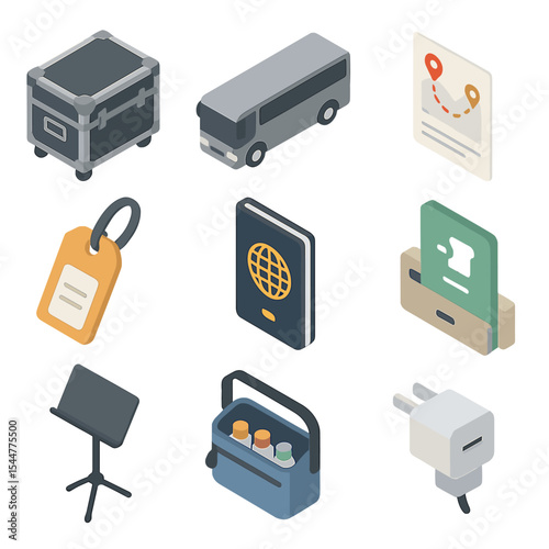 Tour Choir Essentials Icons. Isometric Flat icon set of touring choir essentials: road case, tour bus, travel itinerary, luggage