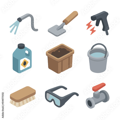 Grease Trap Icons Set. Isometric Flat icon set of grease trap cleaning process: pre-rinse hose, manual scraper, hot water jet,
