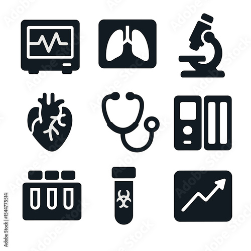Medicine Tools Icons. Solid, filled icons set of internal medicine tools: ECG monitor, lung scan, lab