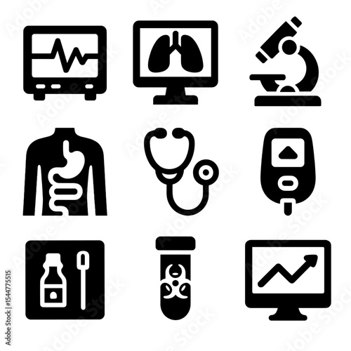 Medicine Tools Icons. Solid, filled icons set of internal medicine tools: ECG monitor, lung scan, lab