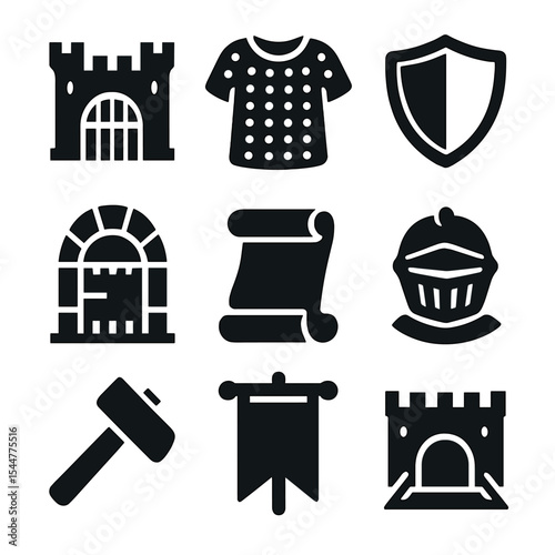 Medieval Adventure Icons. Solid, filled icons set of medieval adventures: castle gate, chainmail armor, shield