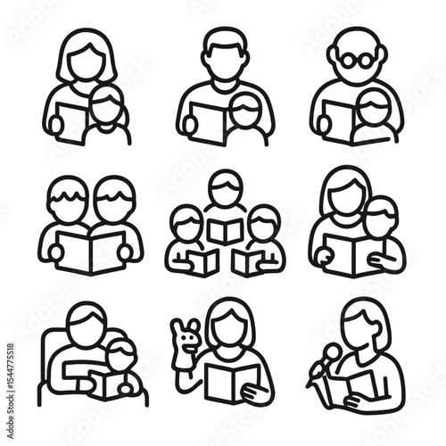Reading Icons Outline. Outline icon set of parent-child reading: mother and child, father and child, grandparent reading, sibling