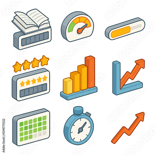 Reading Statistics Icons. Isometric Flat icon set of reading statistics: pages read counter, reading speed gauge, progress bar,