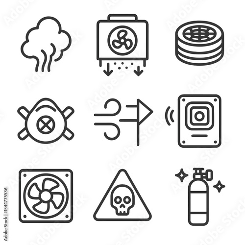 Toxic Smoke Icon Set. Outline icon set of toxic smoke management: smoke plume, air scrubber, filter cartridge, respiratory mask,