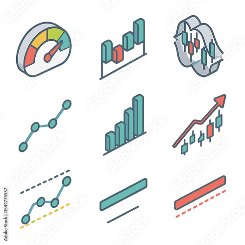 Trading Indicators Icons. Isometric Flat icon set of trading indicators: RSI gauge, MACD histogram, Bollinger Bands overlay,