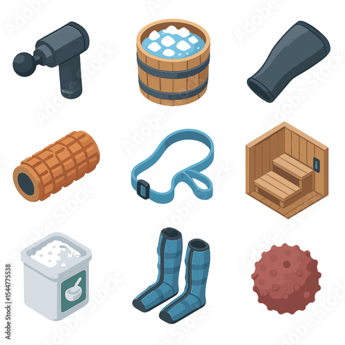 Recovery Tools Icons. Isometric Flat icon set of recovery modalities: massage gun, ice bath, compression sleeve, foam roller,