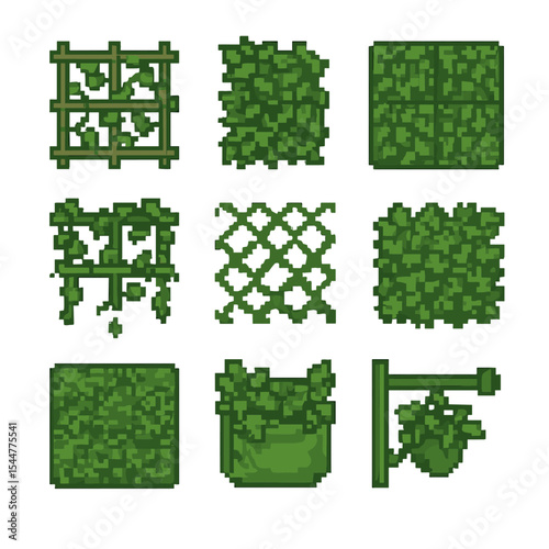 Green Wall Icons. Pixel art icon set of green walls: vine trellis, climbing ivy, modular panel, drip irrigation, retaining mesh,