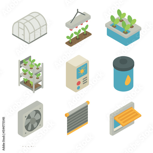 Greenhouse Farming Icons. Isometric Flat icon set of greenhouse and controlled environment agriculture: greenhouse frame, LED grow