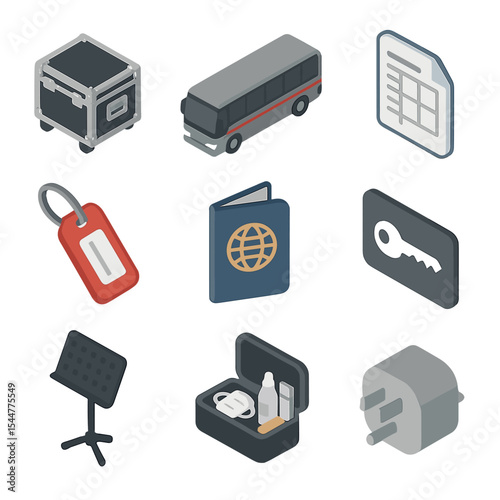 Tour Choir Essentials Icons. Isometric Flat icon set of touring choir essentials: road case, tour bus, travel itinerary, luggage