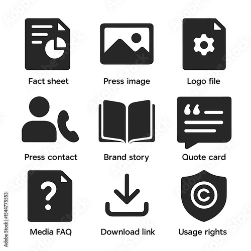 Media Kit Icons. Solid, filled icons set of media kit components: fact sheet, press image, logo file, press
