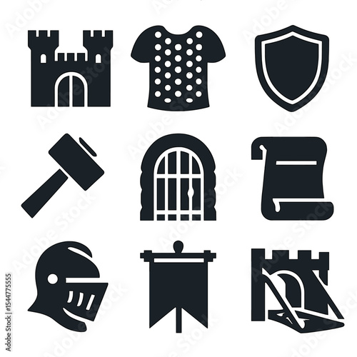 Medieval Adventure Icons. Solid, filled icons set of medieval adventures: castle gate, chainmail armor, shield