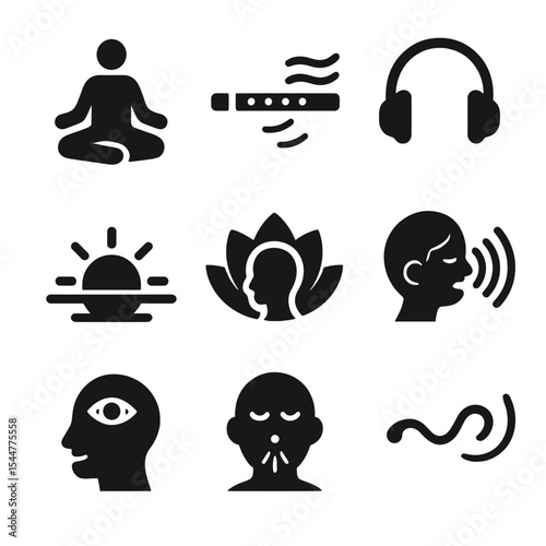 Meditation Icons Grid. Solid, filled icons set of music-assisted meditation: lotus pose, flute sound, peaceful