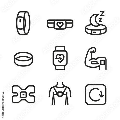 Recovery Wearable Icon Set. Outline icon set of recovery wearables: fitness tracker, heart rate monitor, sleep tracker, smart ring