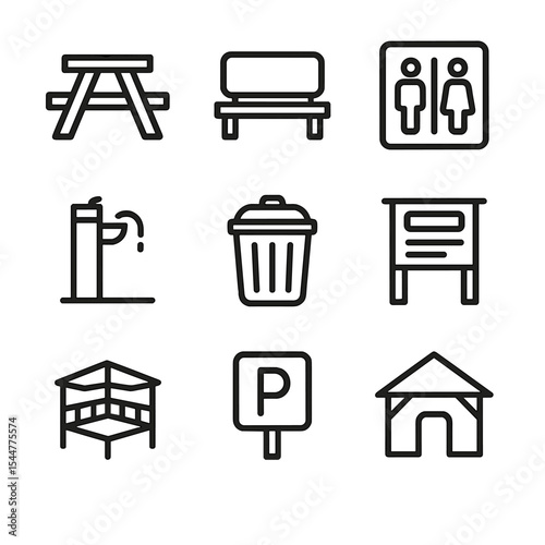 Trail Amenities Icons. Outline icon set of trail amenities: picnic table, bench seat, restroom sign, water fountain, trash can,