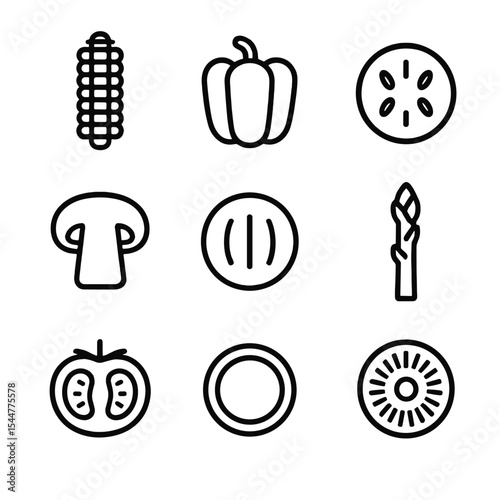 Grilled Veggie Icons. Outline icon set of grilling vegetables: corn cob, bell pepper, zucchini slice, mushroom, eggplant slice,