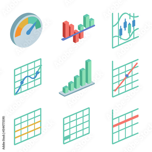 Trading Indicators Icons. Isometric Flat icon set of trading indicators: RSI gauge, MACD histogram, Bollinger Bands overlay,