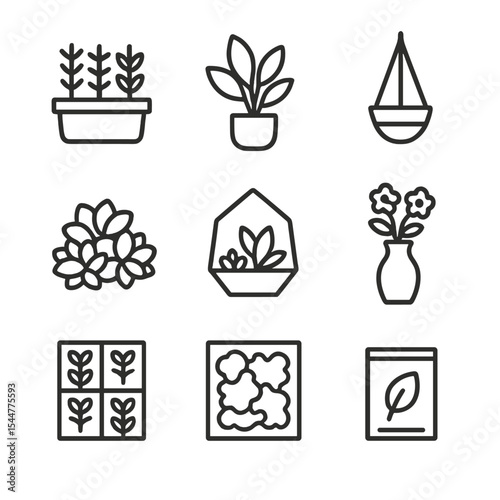 Green Workspace Icons. Outline icon set of green workspace: herb planter, air-purifying plant, succulent cluster, hanging planter,