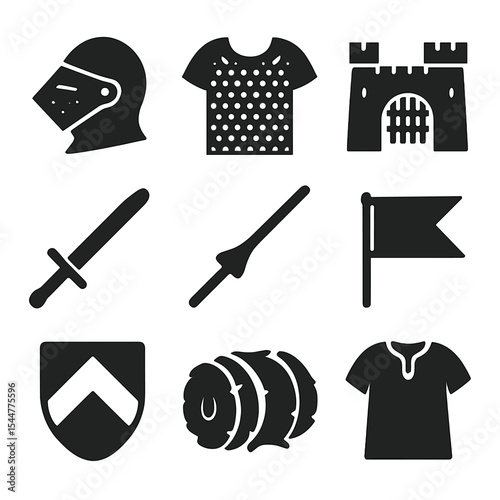Medieval Icons Grid. Solid, filled icons set of medieval reenactment scenes: knight helmet, chainmail shirt,