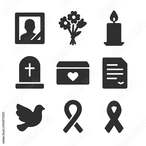 Memorial Tribute Icons. Solid, filled icons set of remembrance and memorials: framed photo, flower bouquet,