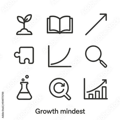 Growth Mindset Icons. Outline icon set of growth mindset: sprouting plant, open book, expanding arrow, puzzle piece, learning