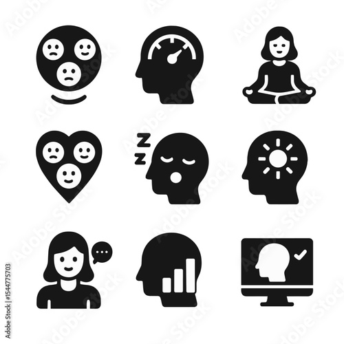 Mental Wellness Icons. Solid, filled icons set of mental wellness twins: mood tracker, stress level ring,