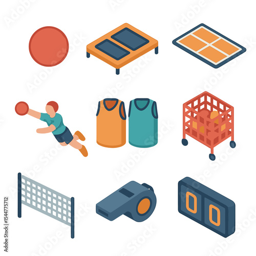 Trampoline Dodgeball Icons. Isometric Flat icon set of trampoline dodgeball game: dodgeball, trampoline squares, court lines,