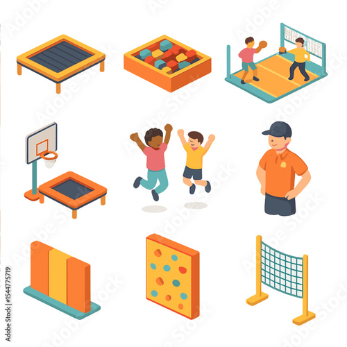 Trampoline Park Icon Set. Isometric Flat icon set of trampoline park activities: park trampoline, foam pit, dodgeball court,
