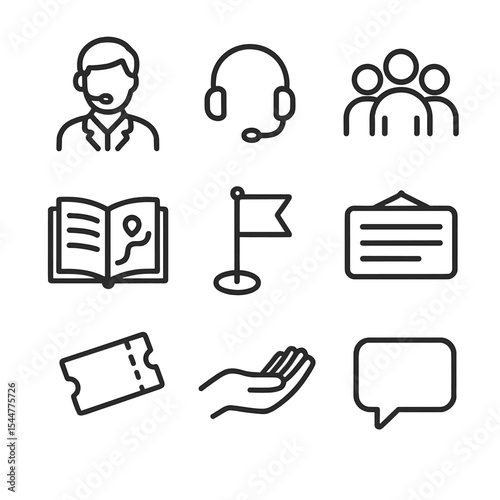 Guided Tour Icons. Outline icon set of guided tour elements: tour guide figure, headset microphone, group silhouette, guidebook,