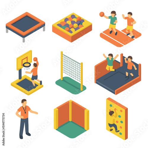 Trampoline Park Icon Set. Isometric Flat icon set of trampoline park activities: park trampoline, foam pit, dodgeball court,