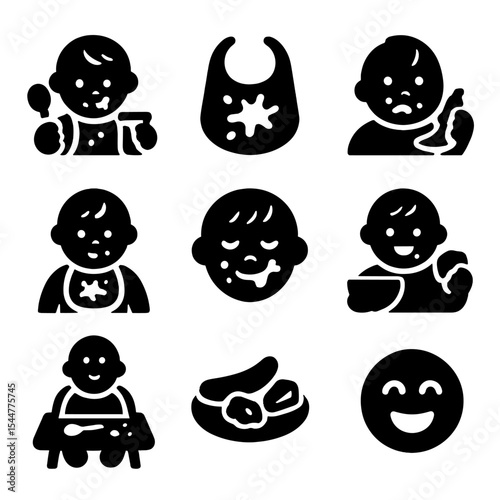 Messy Toddler Icons. Solid, filled icons set of toddlers eating messy treats: yogurt cup, food-stained bib,