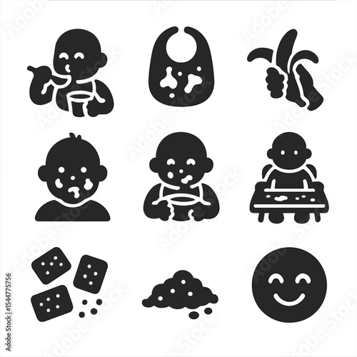 Messy Toddler Icons. Solid, filled icons set of toddlers eating messy treats: yogurt cup, food-stained bib,